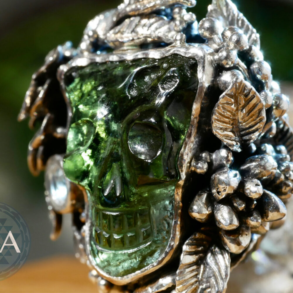 Moldavite Humanoid Skull Sterling Ring 32